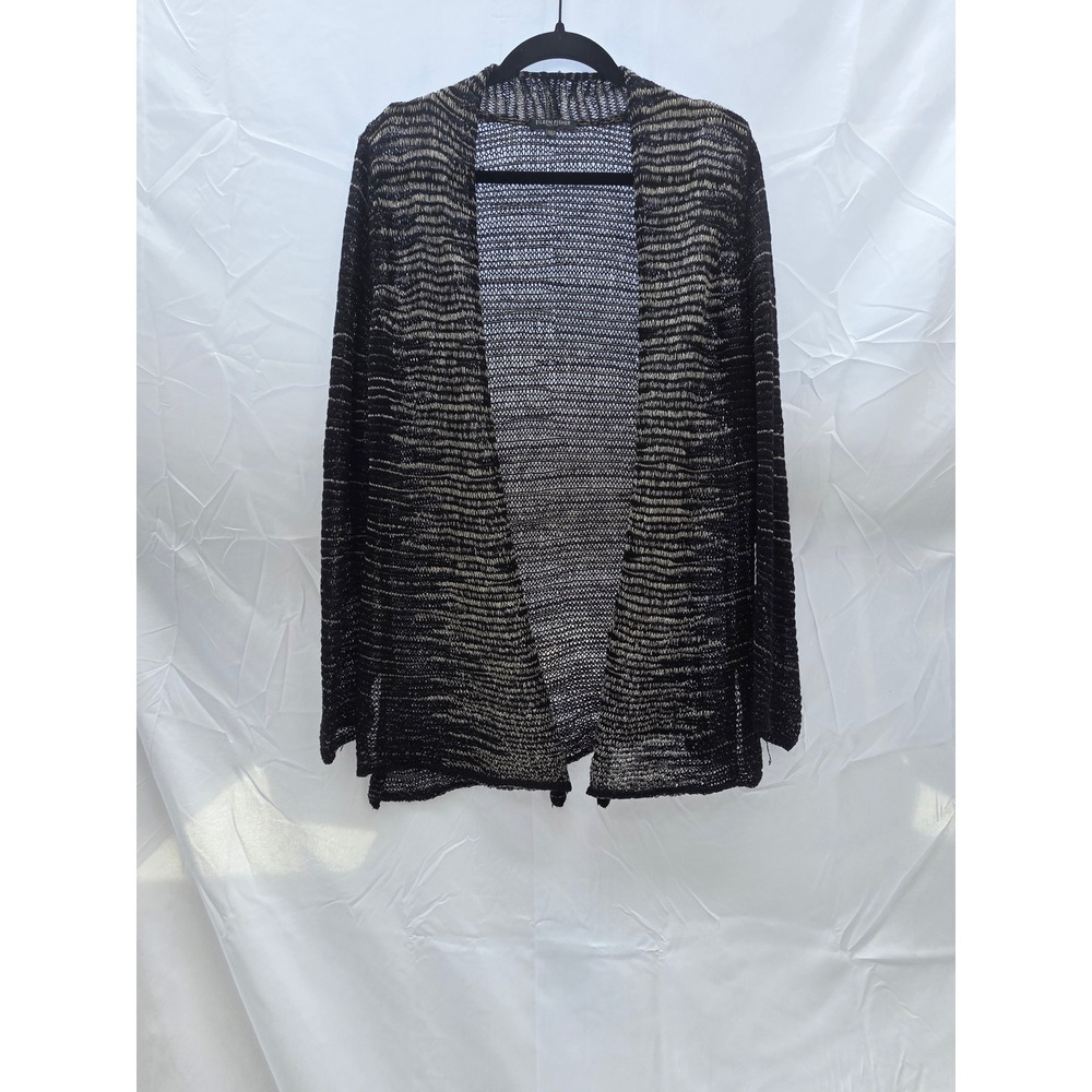 Eileen Fisher Petite PM Black Wool Linen Striped Open Front Cardigan Sweater